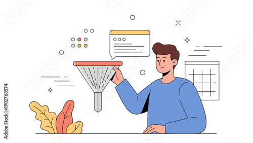 Young caucasian male working on data filtering with technology in modern office