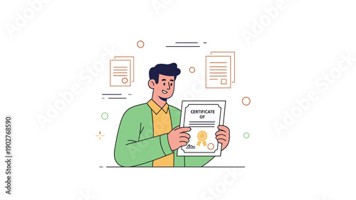 Young caucasian male holding certificate with cheerful expression and documents background