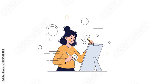 Asian female cartoon artist painting on canvas with geometric shapes