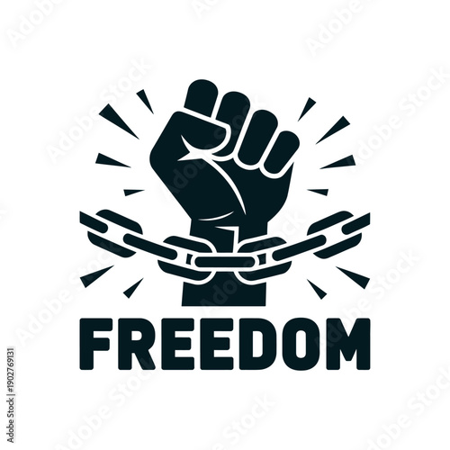 A powerful symbol of freedom and liberation with a raised fist breaking free from chains.