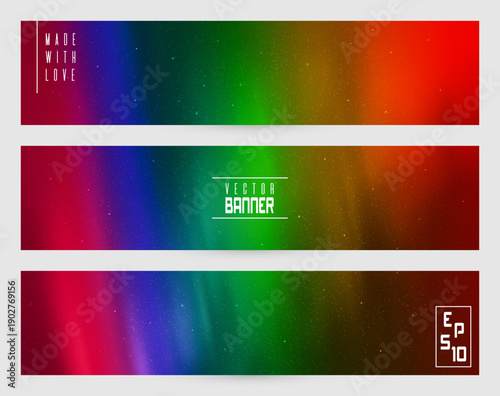 Rainbow aurora borealis. Colorful Northern lights. Vector banner set