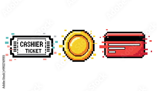 Pixel art: ticket, coin, and credit card icons in retro style