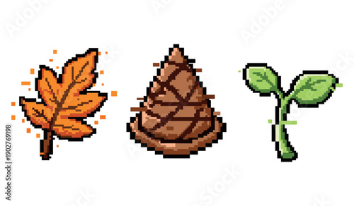Pixel art: autumn leaf, pinecone, seedling in vibrant colors