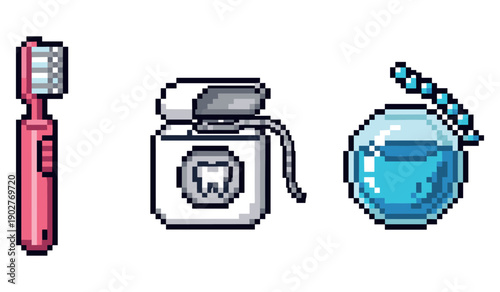 Pixel art dental hygiene set: toothbrush, floss, mouthwash