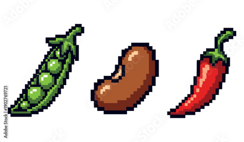 Pixel art vegetables and pepper: green peas, red chili, brown bean on white background