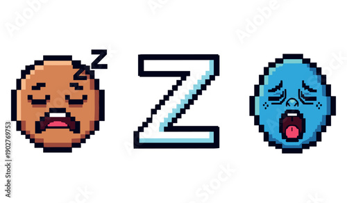 Pixel art sleepy faces with z emote in retro style
