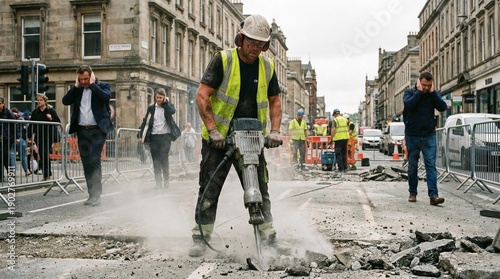 Construction worker using a jackhammer on a busy city street