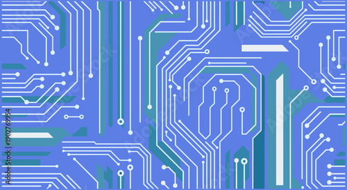 Blue digital circuit board background with white motherboard traces and geometric patterns for technology hardware engineering cyber security and computing concepts