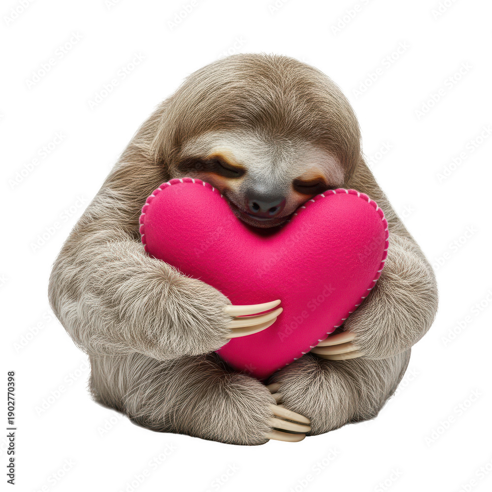 Fototapeta premium A cute sloth holding a pink heart shaped pillow isolated on transparent background