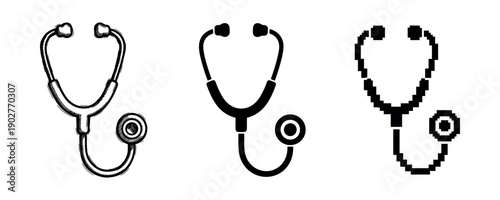 Stethoscope icons: vintage, modern, pixel art variations on white background