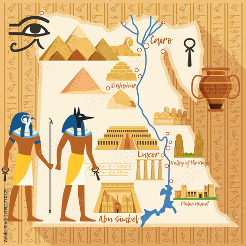 A map of Egypt with the Nile River and the pyramids