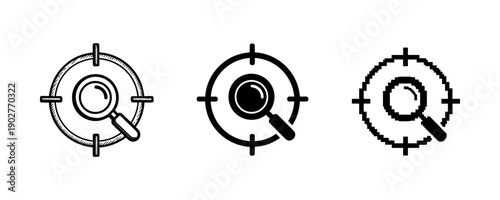 Set of target icons with magnifying glass in various styles