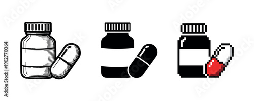 Retro medicinal bottles and capsules in vintage, silhouette, and pixel art styles