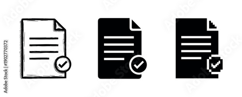 Document icons with check marks in sketch, solid, and pixel art styles