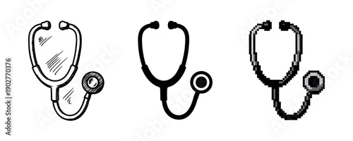 Stethoscope illustrations: sketch, solid, pixel art versions