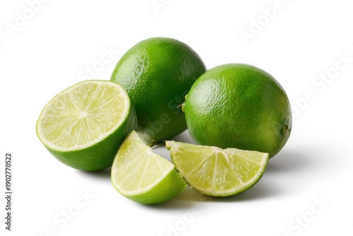 Fresh green limes and slices on white background