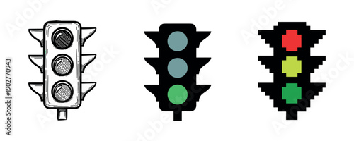Traffic lights trio: sketch, modern, and pixel art styles