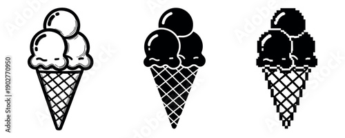 Triple scoop ice cream cones: outline, silhouette, and pixel art styles