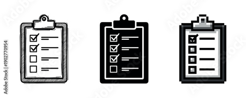 Three clipboards with checklists in sketch, solid, and pixel art styles