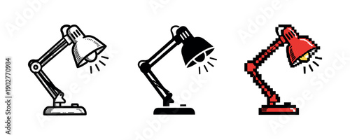 Set of desk lamps in sketch, solid, and pixel art styles on white background