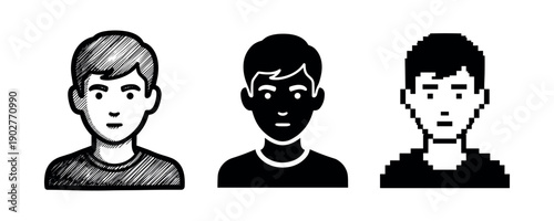 Different artistic styles of male faces: sketch, silhouette, pixel art
