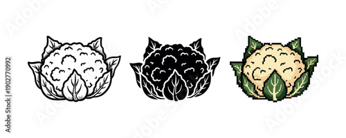 Cauliflower trio: line art, silhouette, and pixel art vegetables