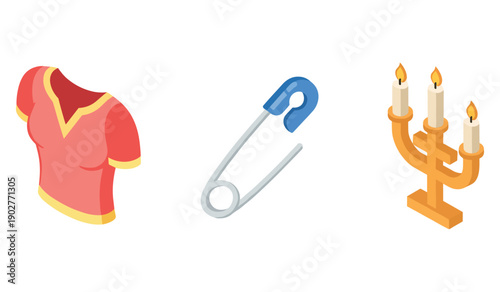 Isometric pink shirt, blue safety pin, and gold candelabra on white background