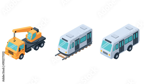 Isometric construction crane, train, and bus icons for transportation design