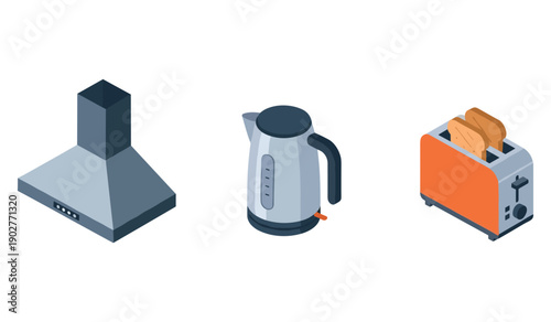Isometric kitchen appliances: range hood, electric kettle, toaster with toast