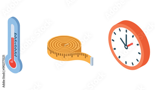 Digital thermometer, measuring tape, and analog clock on white background