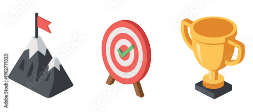 Achievement icons: mountain summit, bullseye target, gold trophy