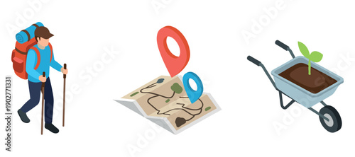 Outdoor adventure icons: hiker, map with markers, wheelbarrow with plant