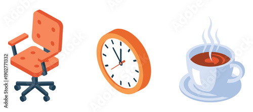 Office essentials: orange chair, wall clock, and steaming coffee cup