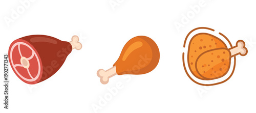 Illustration of meat cuts: ham, drumstick, and roast chicken