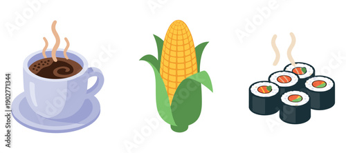 Coffee, corn, and sushi: three iconic foods in simple illustrations