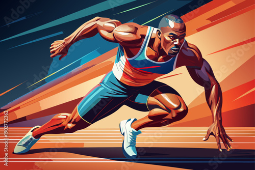 Dynamic dash of powerful athlete sprinting forward with intense determination muscles sculpted in peak condition capturing speed strength competition and unstoppable energy.