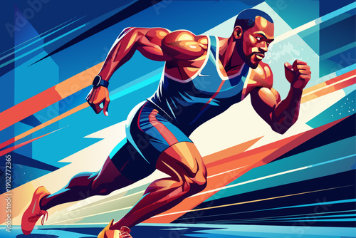 Dynamic dash of powerful athlete sprinting forward with intense determination muscles sculpted in peak condition capturing speed strength competition and unstoppable energy.