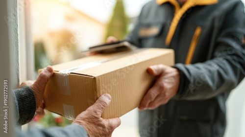 A delivery person hands a cardboard box to a customer at their doorstep