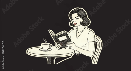 Vintage Noir Illustration of Woman Reading Book at Cafe Table with Hot Coffee Cup Retro Line Art Sticker on Dark Background