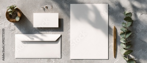 A beautifully arranged stationery set on a gray surface with a plant and pen