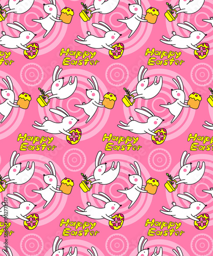 Seamless Easter Pattern with Cute Bunnies, Eggs and Cupcakes – Happy Easter Vector Background