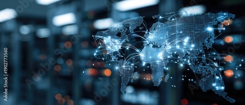 A digital map of the world made up of small blue dots and lines, set against a blurred background of computer servers and data storage systems.
