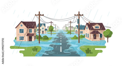 Flooded Suburban Street During Heavy Rain With Houses And Utility Poles