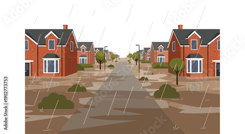 Residential Neighborhood Street Flooded With Water During Stormy Rain Day