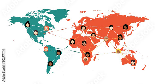 Global connection of women represented on a world map with digital network lines and diverse female icons