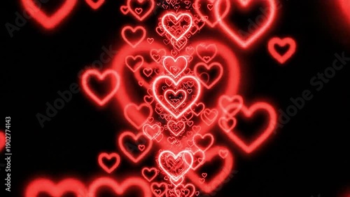 Red neon valentine heart background. Neon hearts flying background. Colorful hearts flying background. Seamless loop
