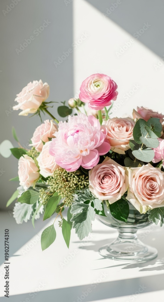 Obraz premium A luxurious blush floral centerpiece arrangement for Valentine's Day, photographed with dreamy, soft focus lighting and shadow play, pink, Valentine, shadow