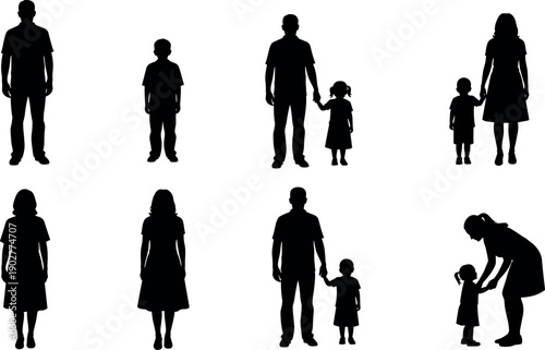 Black Silhouettes of Diverse Family Members Including Single Parents Mothers and Fathers with Children Isolated on White Background Vector Illustration