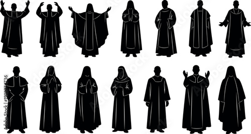 Black silhouettes of diverse priests and clergy in traditional liturgical vestments performing various religious worship poses and sacred prayer gestures