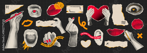 Romantic halftone collage with lips, hearts, hands, ears, and love quotes. Retro zine-style elements on black grid background. Perfect for Valentine's Day designs and posters.